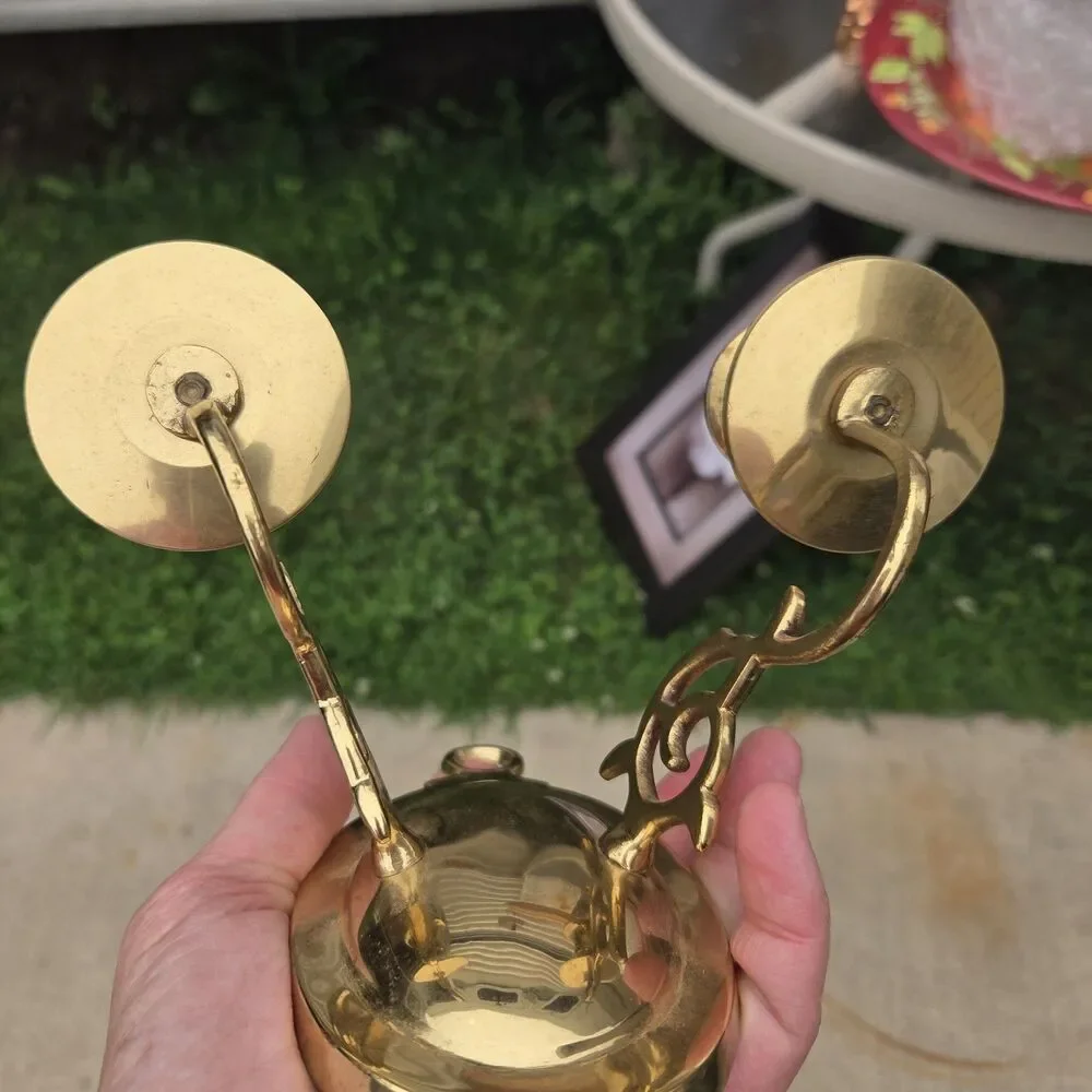 VTG Brass Wall Sconce Double Arm Candle Holder Candelabra Oval Mount